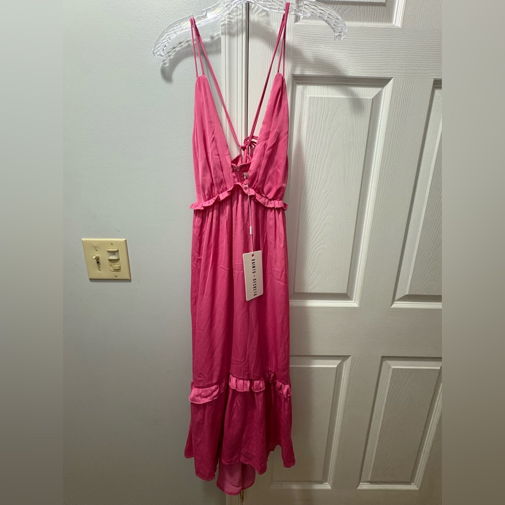 NWT Saints + Secrets Hot Pink Deep V Ruffled Tie Back Maxi Dress Size 12/Large